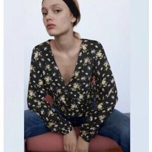 NWOT Zara Plumetis Blouse Long Sleeves Sheer V-Neck Floral Black Womens Large